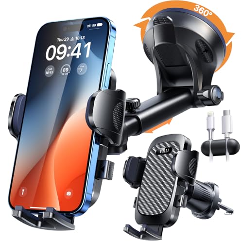 YRU True Military-Grade [360° Rotation Suction] 2026 Ultimate Car Phone Holder Mount 【90+LBS Safest Strongest & Patent Certs】 Dashboard Windshield Vent for iPhone 18 Pro Max Samsung Webcam,Gloss Black - color: Gloss Black