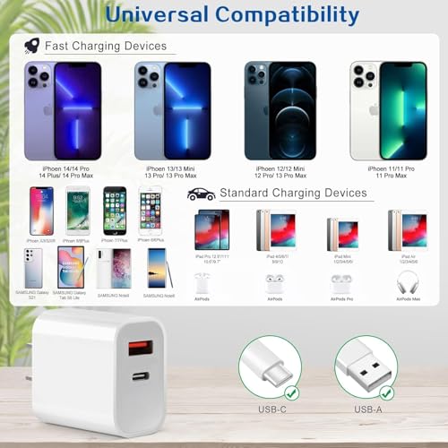 Fast Charger for iPhone,Dual Port A/C Apple iPhone Charger Fast Charging Block,2Pack Quick Double A/C iPhones Wall Chargers Adapter,6FT USB C to Lightning Cable for iPhone14 ProMax/13/12/11/XS/XR/iPad - size: 6FT