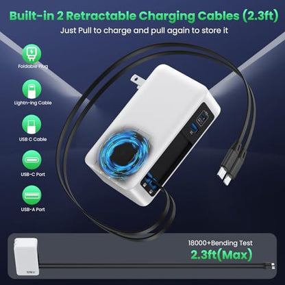 120W USB C Charger Block with 2 Built-in Retractable Cables,4-in-1 GaN IV Foldable Plug Wall Charger Fast Charging Station,PD 65W Laptop Adapter for MacBook/iPad,iPhone 17/16/15/14,Galaxy,Android etc - color: A-White, size: 120W