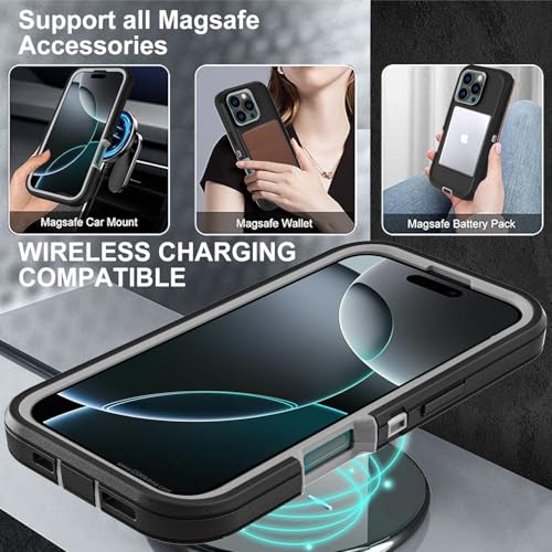YKHJKLEC for iPhone 16 Pro Case, Compatible with Magsafe, Military Grade 3 in 1 Heavy Duty Shockproof/Drop Proof/Dust Proof Case with 2Pcs Tempered Glass Screen Protector (New-Black/Grey) - color: New-Black/Grey