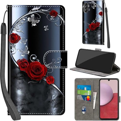 Case Wallet for Samsung Galaxy A14 5G, Rose Butterfly | Kickstand, 3 Card Holder, Shockproof TPU Interior Shell, PU Leather, Magnetic Flip Cover, Lanyard Strap - color: Pic:01