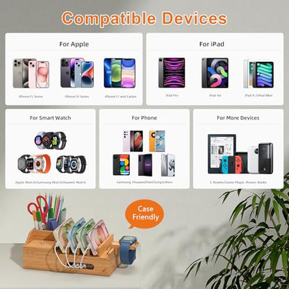 Bamboo Charging Station for Multiple Devices with USB Charger, 5 Cables - color: Style 2