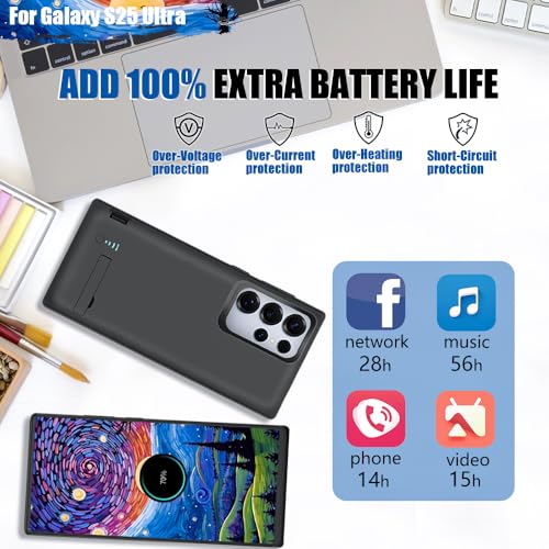 Battery Case for Samsung Galaxy S25 Ultra, 5000mAh Rechargeable Extended Battery Charging Charger Case, Add 100% Extra Juice (6.9 Inches) Black