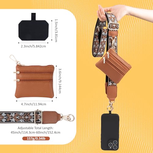 BARGIFTS Clip and Go Strap for Phone with Wallet Crossbody, Cell Phone Lanyard with Zippered Pouch, Adjustable Phone Strap Crossbody with Wallet - color: A-Brown