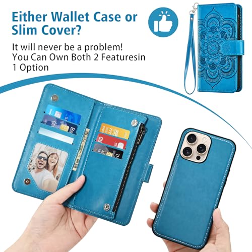 Asuwish Phone Case for iPhone 16 Pro 6.3 inch Zipper Wallet Magnetic Detachable Cell Cover with Tempered Glass Screen Protector Crossbody Strap Flower Card Holder i Phone16 i16 16Pro Women Girls Blue - color: Blue