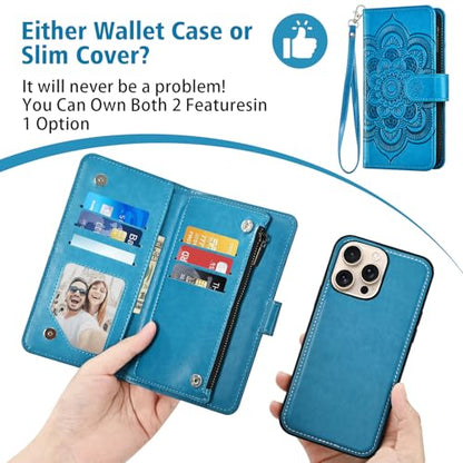 Asuwish Phone Case for iPhone 16 Pro 6.3 inch Zipper Wallet Magnetic Detachable Cell Cover with Tempered Glass Screen Protector Crossbody Strap Flower Card Holder i Phone16 i16 16Pro Women Girls Blue - color: Blue