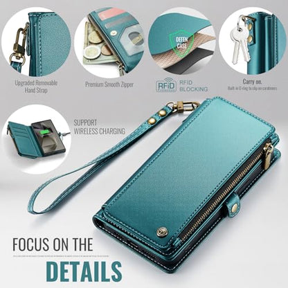 Defencase for Samsung Galaxy S23 Ultra Wallet Case with Card Holder, Green | Durable PU Leather, with RFID Blocking Zipper Pocket, Wrist Strap, S23 Ultra Flip Phone Cases Cover with Stand for Women Men - color: Fashion Blue Green