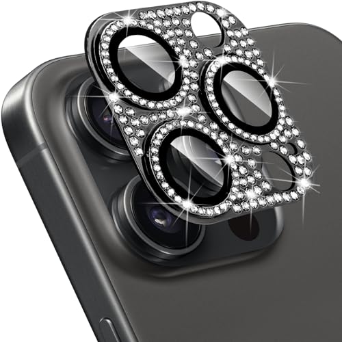Designed for iPhone 15 Pro and 15 Pro Max Camera Lens Protector, Bling Rhinestone Sparkle Diamond 9H Tempered Glass Lens Cover Shockproof Full Protective Camera Cover, Black - color: Black Diamond, size: for iPhone 15 Pro / 15 Pro Max