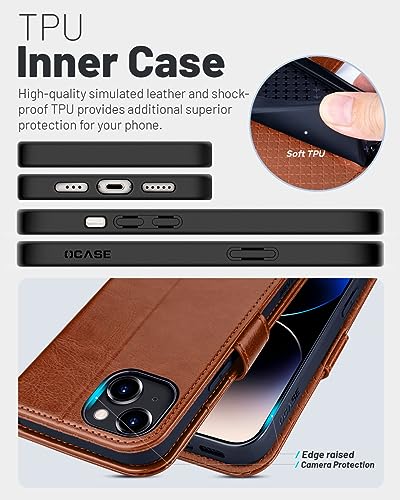 OCASE Compatible with iPhone 15 Wallet Case, PU Leather Flip Folio Case with Card Holders RFID Blocking Kickstand [Shockproof TPU Inner Shell] Phone Cover 6.1 Inch 2023, Brown - color: Brown