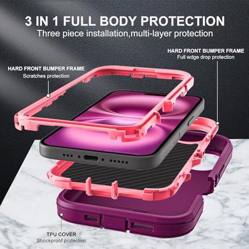 YKHJKLEC for iPhone 16 Plus Case, Military Grade 3 in 1 Heavy Duty Shockproof/Drop Proof/Dust Proof Case with 2Pcs Tempered Glass Screen Protector (Purple/Pink) - color: Purple/Pink
