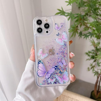Compatible with iPhone 15 Pro Max Glitter Butterfly Case Glow in The Dark Women Girls Girly Bling Sparkle Flowing Quicksand Light up Case Soft TPU Bumper Luminous Clear Phone Cover, Purple - color: Purple, size: iPhone 15 Pro Max
