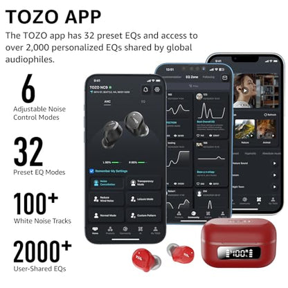 TOZO NC9 Hybrid Active Noise Cancelling Wireless Earbuds, 60H, LED Display - color: Red