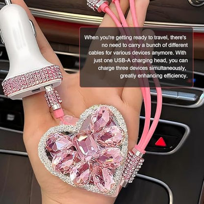 Multi Charging Cable, 3 in 1 Retractable Car Charger, Fast Charging Data Car Cable with Type-C/Lightning/Micro USB Connectors, Universal for Mobile Devices (Pink)