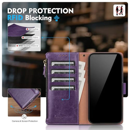 Compatible with iPhone 13 Pro Wallet Case with Card Holder RFID Blocking Zipper Poket PU Leather Flip Phone Case with Wrist Strap Credit Card Slots Men Women,for Apple 13 Pro,Dark Purple - color: Dark Purple, size: iPhone 13 Pro - 6.1