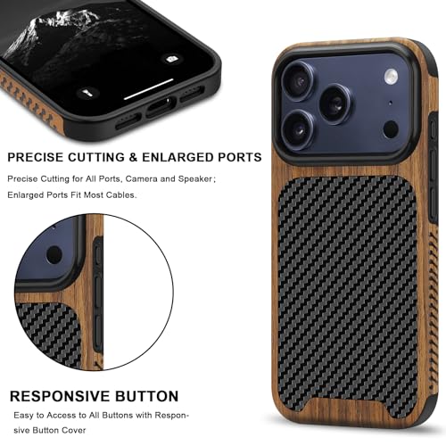 TENDLIN Compatible with iPhone 17 Pro Max Case Wood Grain with Carbon Fiber Texture Design Leather Hybrid Slim Case (Black) - color: Black, size: iPhone 17 Pro Max