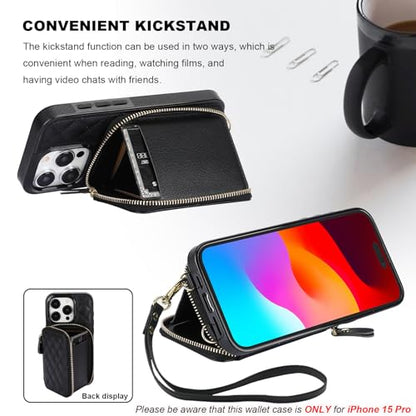 Bocasal Crossbody Wallet Case Card Holder for iPhone 15 Pro, Black | RFID Blocking PU Leather Zipper Handbag Purse, Kickstand Flip Folio Case with Card Slots Holder Wrist Strap Lanyard 6.1 Inch - color: Black