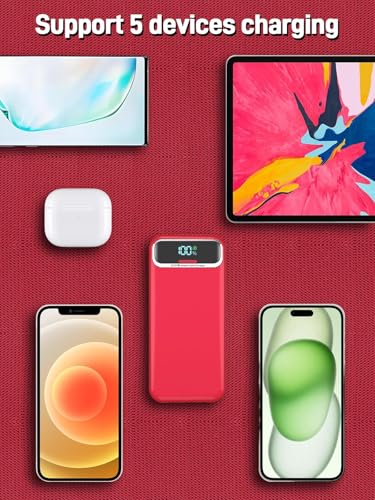 Nusyddy Portable Charger 20000mAh Fast Charging w/Built-in Wall Plug Red - color: Crimson