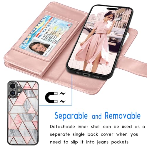Tekcoo Wallet Case Compatible with iPhone 16 (6.1 inch) 2024 Luxury ID Cash Credit Card Slots Holder Carrying Pouch Folio Flip PU Leather Cover [Detachable Magnetic Hard Case] with Strap [Marble] - color: Marble, size: 16