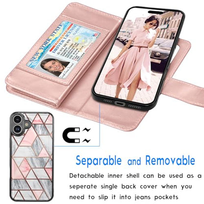 Tekcoo Wallet Case Compatible with iPhone 16 (6.1 inch) 2024 Luxury ID Cash Credit Card Slots Holder Carrying Pouch Folio Flip PU Leather Cover [Detachable Magnetic Hard Case] with Strap [Marble] - color: Marble, size: 16