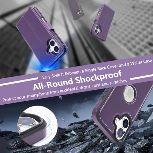 2 in 1 PU Leather for iPhone 16 Leather Case, Detachable Wallet Case with Card Holder, Removable Flip Folio Cover with RFID Blocking, Stand Shockproof Phone Cover（Compatible with MagSafe） Purple - color: Purple, size: Iphone 16