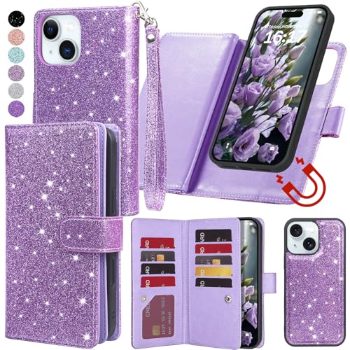 Varikke for iPhone 14 Plus Wallet Case Detachable with Card Holder for Women, Fashion Glitter Leather Strap Strong Magnetic Flip Wallet Removable Phone Case Cover for iPhone 14 Plus 6.7", Light Purple | Strong Magnetic Detachable, with 9-Card Holder Slots