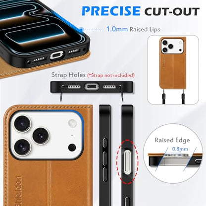 SHIELDON Real Leather Wallet Case for iPhone 17 Pro 6.3", Retro Light Brown | Magnetic Closure, RFID Blocking, Credit Card Slot, Kickstand, Flip Book Design, Shockproof Phone Cover - color: Retro Light Brown