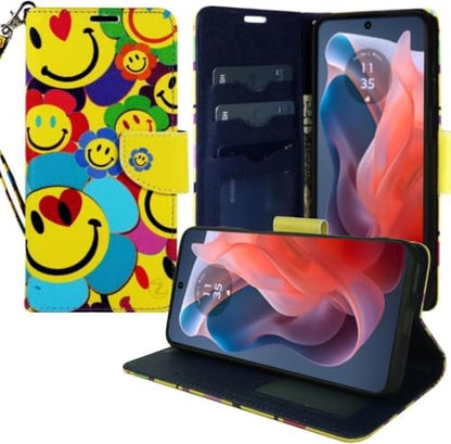 Zase for Motorola Moto G 5G (2025/2026) & Moto G Play (2026) Wallet Phone Case Protective Cover [RFID Blocking] PU Leather Purse Magnetic Closure w/Kickstand Card Slot Wrist Strap (Smiley Face) - color: Smiley Face
