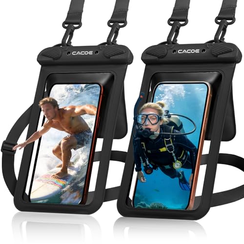 CACOE Waterproof Phone Pouch 2 Pack Up to 8.8", Double Bag, Black+Black | IPX8 Waterproof Phone Case,Adjustable Lanyard,Dry Bags for Beach/Cruise/Travel/Camping/Kayak/Hiking/Lake/Vacation Essentials - color: Black+Black