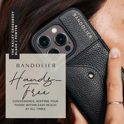 Bandolier Hailey Leather Crossbody Phone Case iPhone 15 Pro - Black/Pwt | Crossbody leather phone case. Built-in wallet w/ snap-closure. Adjustable & removable leather strap. Phone drop protection. - color: Black/Pewter, size: iPhone 15 Pro