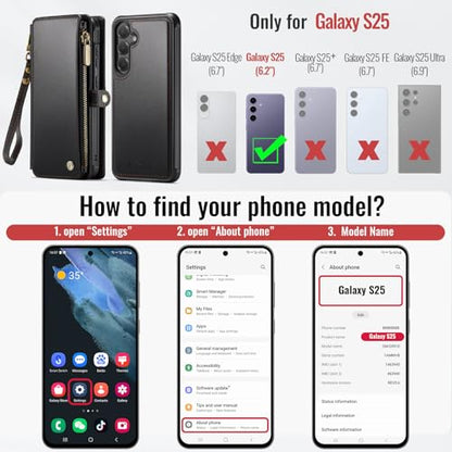 Defencase for Galaxy S25 Case Wallet Compatible with Magsafe 6.2", Black | Magnetic Detachable, with RFID Bolcking Card Holder, Zipper Strap, PU Leather Drop-Proof Phone Cover for Samsung Galaxy S25 - color: (Detachable with Magsafe)-Black