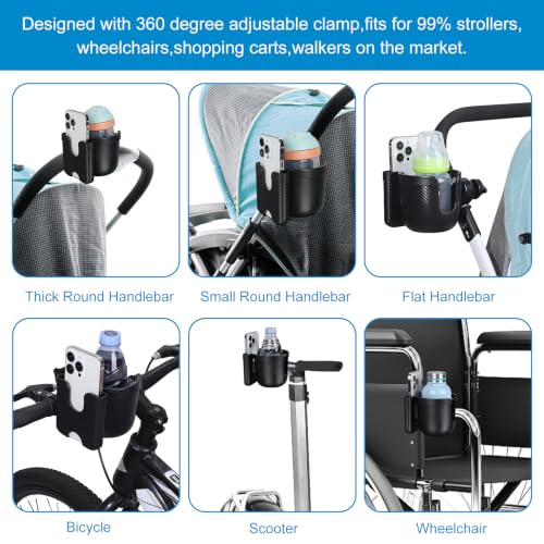Accmor Stroller Cup Holder with Phone Holder, Bike Cup Holder, Universal Cup Holder for Uppababy Nuna Strollers, 2-in-1 Drinks Holder for Walker, Wheelchair, Scooter - color: All Black Carbon Fiber Texture