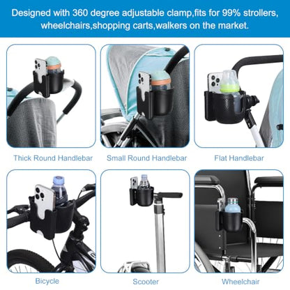 Accmor Stroller Cup Holder with Phone Holder, Bike Cup Holder, Universal Cup Holder for Uppababy Nuna Strollers, 2-in-1 Drinks Holder for Walker, Wheelchair, Scooter - color: All Black Carbon Fiber Texture
