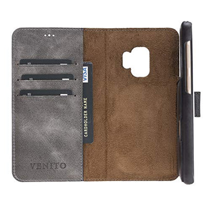 Venito Florence Leather Wallet Phone Case Compatible with Samsung Galaxy S9 - Extra Secure with RFID Blocking - Detachable Phone Wallet (Faded Gray) - color: Faded Gray, size: S9