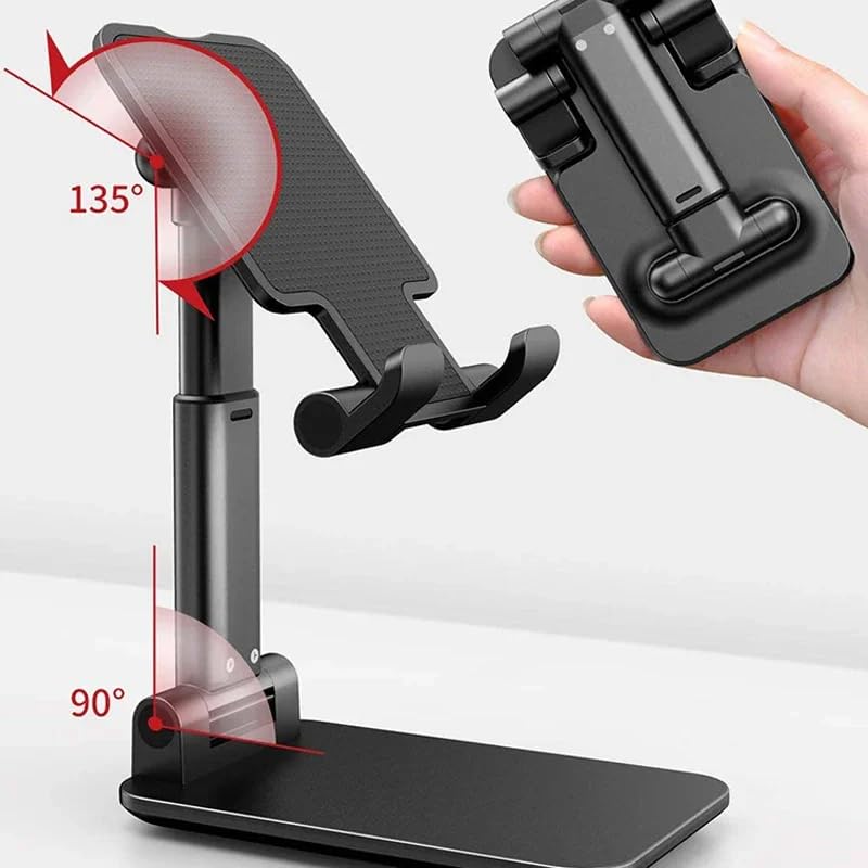Foldable Desktop Phone Stand, Adjustable Cell Phone Holder for Desk, Non-Slip Silicone Base, Compatible with Tablets and Phones 4-13 Inch (Black) - color: Black