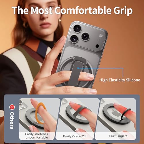 2-in-1 Magnetic Phone Grip & Stand for iPhone 15/16/17 Pro Max,Samsung Galaxy S26 Ultra, Pixel 10 – Hands-Free Holder for TikTok, Netflix, Video Calls, MagSafe Compatible (Gray) - color: Gray