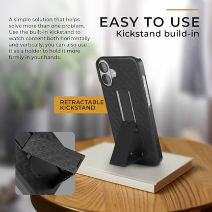 MOTIVE for iPhone 16 Case with Belt Clip, Rigid, Kickstand | 6.1" | Ranger v1 Series, Black, 360° holster, open-top/open-bottom port access, textured grip, slim - size: iPhone 16