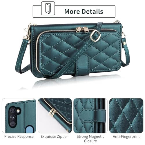 Argyle Wallet Case for Samsung Galaxy A11/M11 with Wrist Strap Shoulder Strap, 9+ Card Slots Zipper Purse Luxury PU Leather Stand Checkered Cell Phone Cover for A 11 11A Women Girls Green | Wrist/Shoulder Strap, 9+ Card Slots, Zipper Purse, Luxury PU Leat