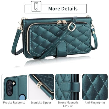 Argyle Wallet Case for Samsung Galaxy A11/M11 with Wrist Strap Shoulder Strap, 9+ Card Slots Zipper Purse Luxury PU Leather Stand Checkered Cell Phone Cover for A 11 11A Women Girls Green | Wrist/Shoulder Strap, 9+ Card Slots, Zipper Purse, Luxury PU Leat