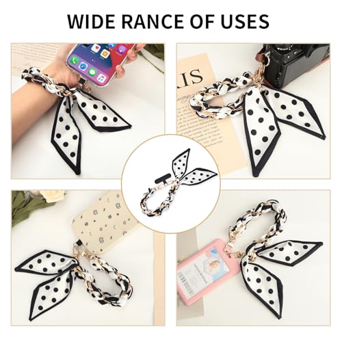 Phone Wrist Strap with Gold Metal Scarf and Universal Tether Tab, Aesthetic Print Design Ribbon Chain, Multi-Purpose Accessories for Bag Key Cellphone for Men Women Girls-Black Polka Dot - color: Black Polka Dot