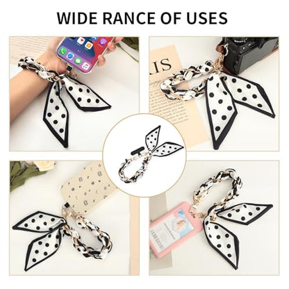 Phone Wrist Strap with Gold Metal Scarf and Universal Tether Tab, Aesthetic Print Design Ribbon Chain, Multi-Purpose Accessories for Bag Key Cellphone for Men Women Girls-Black Polka Dot - color: Black Polka Dot