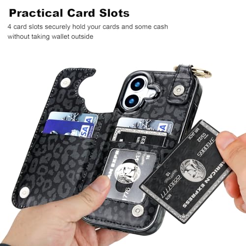 HAOPINSH Wallet Case for iPhone 17 with Card Holder, Black Leopard Cheetah Print Back Flip Folio PU Leather Kickstand Card Slots Case, Finger Grip Ring Double Magnetic Clasp Shockproof 6.3" - color: Black Leopard Grip Ring