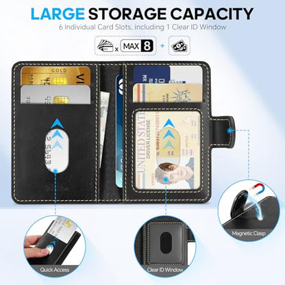 SHIELDON Genuine Leather for Magsafe Wallet, Retro Black | Strong Magnetic, Card Holder, Rfid Blocking, 6 Card Slots, ID Window, for iPhone 17/16/15/14/13/12 Series & Magnet Case - color: Black - Retro