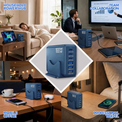 165W GaN Charging Station, 6-Port Desk Charging Station, Navy Blue - color: Navy Blue