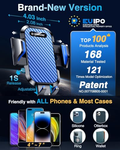 VANMASS Car Phone Holder Ultimate Military-Grade Strongest Suction & Clip Windshield Dash Best Strongest Cell Phone Automotive Dash Gauge Accents for iPhone 18 Pro Max 17 16 15 14 Blue - color: Blue