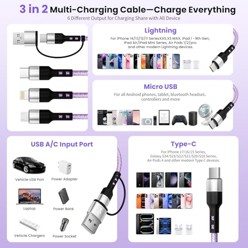 Travel Essentials, 3 in 2 Multi Charging Cable USB C Charger for iPhone 17 - color: Violet, size: 2Pack5FT