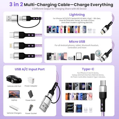 Travel Essentials, 3 in 2 Multi Charging Cable USB C Charger for iPhone 17 - color: Violet, size: 2Pack5FT