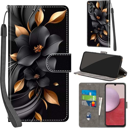 Case Wallet for Samsung Galaxy A14 5G, Black Flower | Kickstand, 3 Card Holder, Shockproof TPU Interior Shell, PU Leather, Magnetic Flip Cover, Lanyard Strap - color: Pic:04