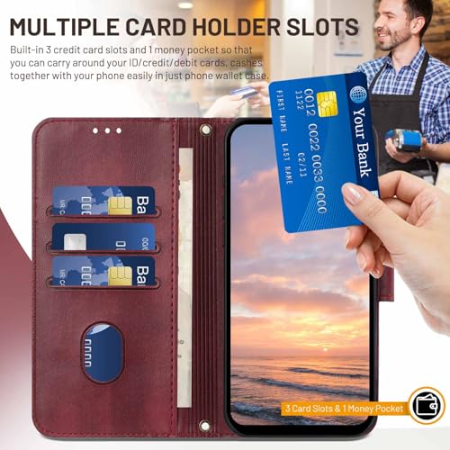 for Galaxy A17 5G Phone Case Wallet and Wrist Strap (Red) | Card Holder Slots, PU Leather, Flip Cover, Magnetic Closure, Kickstand, Folio Protective, for Samsung A17 Case - color: Wine Red