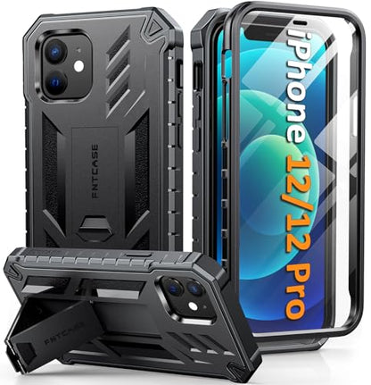 FNTCASE for iPhone 12 Case with Built-in Screen Protector and Kickstand | 20FT Military-Grade Drop Protection, Anti-Slip Matte Textured, Rugged Heavy Duty Shockproof TPU Protective Phone Cover - color: Black