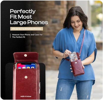 Crossbody Phone Purse for Women – RFID Phone Case Wallet w/Magnetic Closure & Separate Zipper Pocket Crossbody Bag - color: Maroon